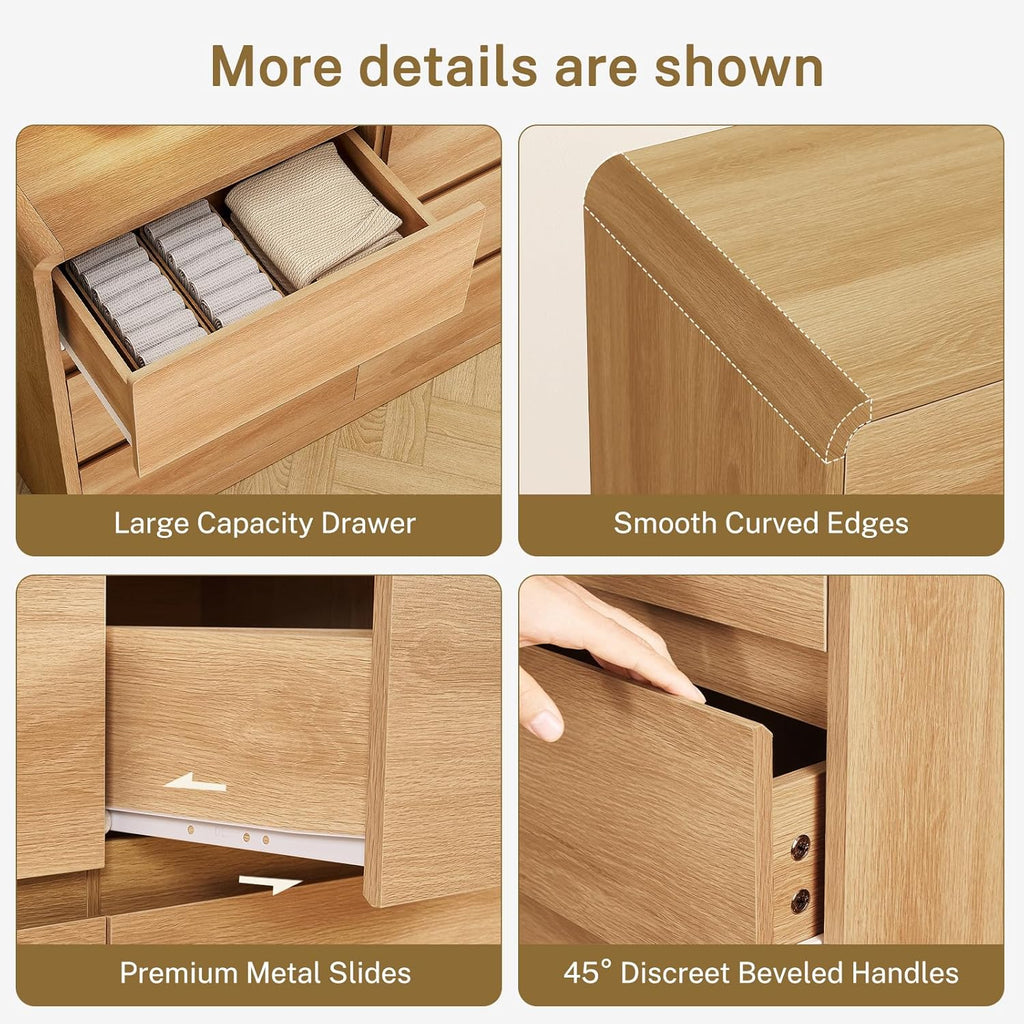 TEENFON 9 Drawer Dresser for Bedroom, 63" Wide Dressers & Chest of Drawers with Curved Profile Design, Wood Closet Storage Dressers Organizer for Bedroom, Living Room, Natural