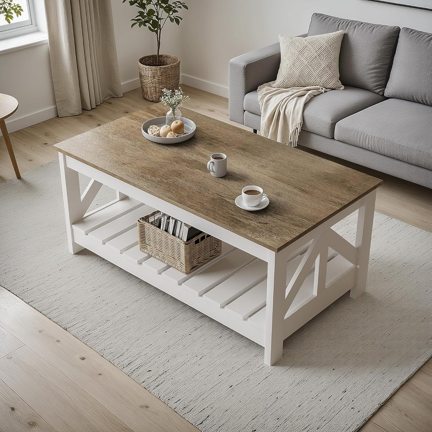 YESHOMY Farmhouse Coffee Table, Coffee Tables for Living Room, Farmhouse Square Coffee Table with Storage, Couch Table, Small Tables for Small Spaces, Gray & White