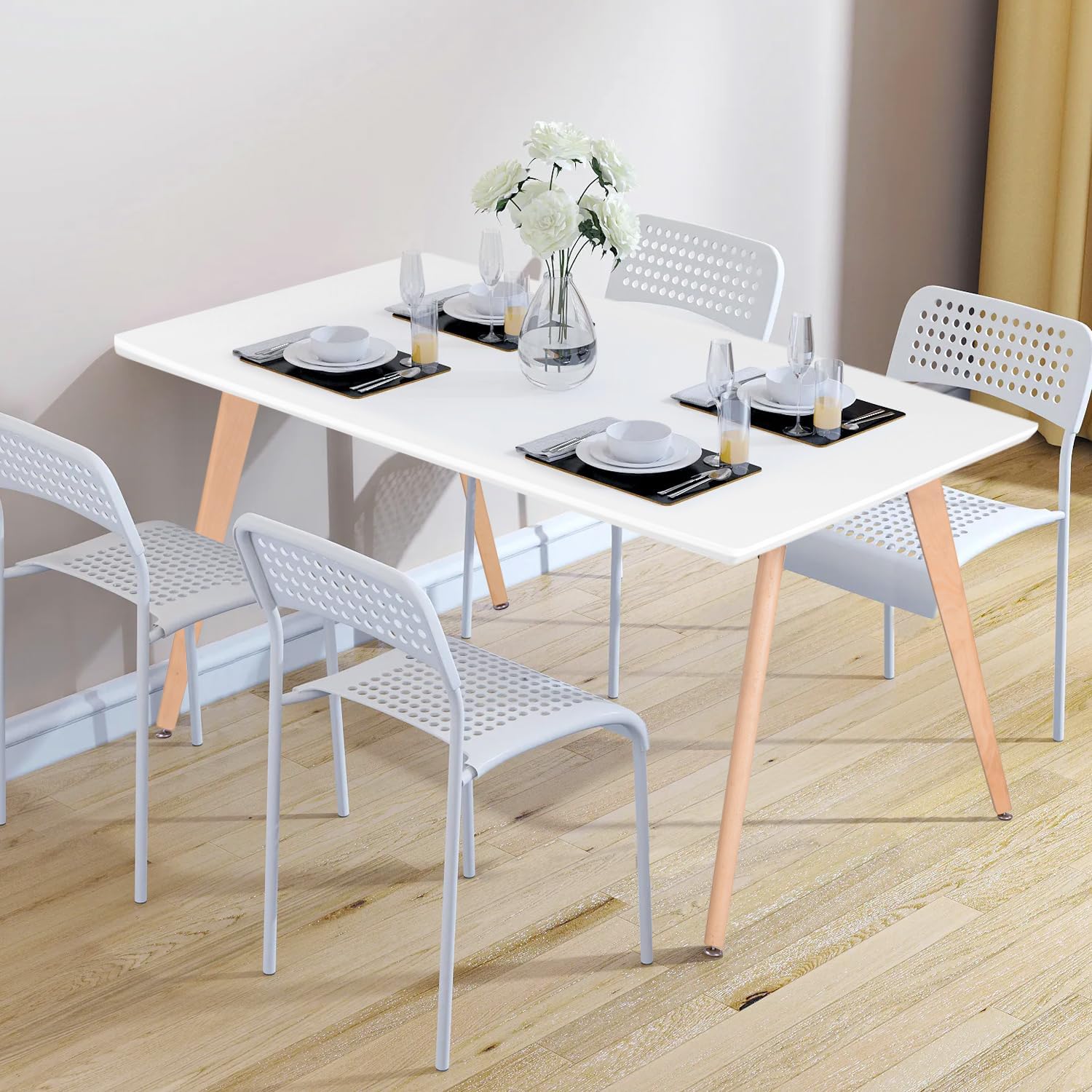 FurnitureR 47-Inch Dining Table for 4-6 People, Modern Rectangular Table with Solid Wood Legs, Multi-Purpose Space-Saving for Kitchen, Dining, Small Places, White