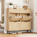 Rattan Shoe Cabinet with Flip Drawers, Narrow Freestanding Shoe Storage Cabinet with Metal Legs for Entryway/Hallway/Foyer (Natural)