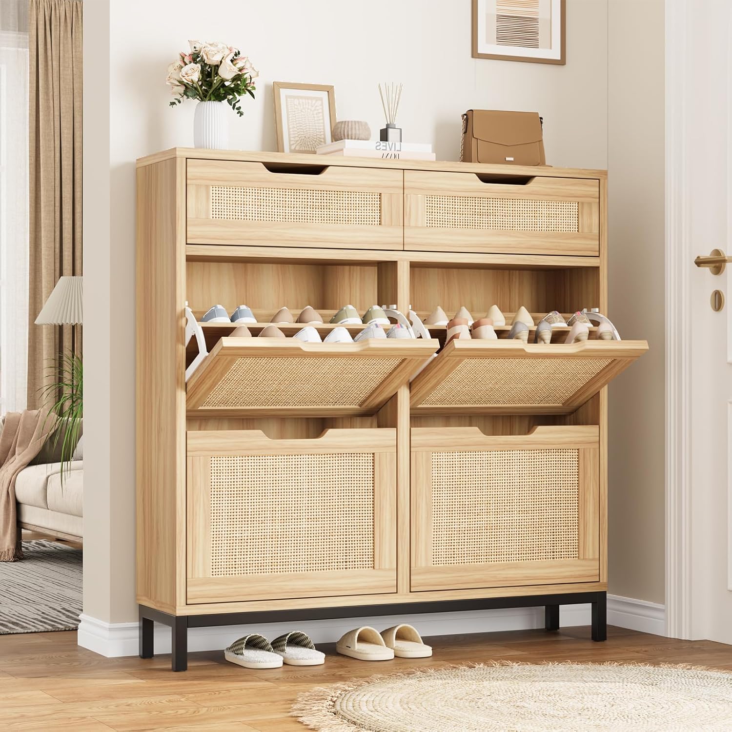 Rattan Shoe Cabinet with Flip Drawers, Narrow Freestanding Shoe Storage Cabinet with Metal Legs for Entryway/Hallway/Foyer (Natural)