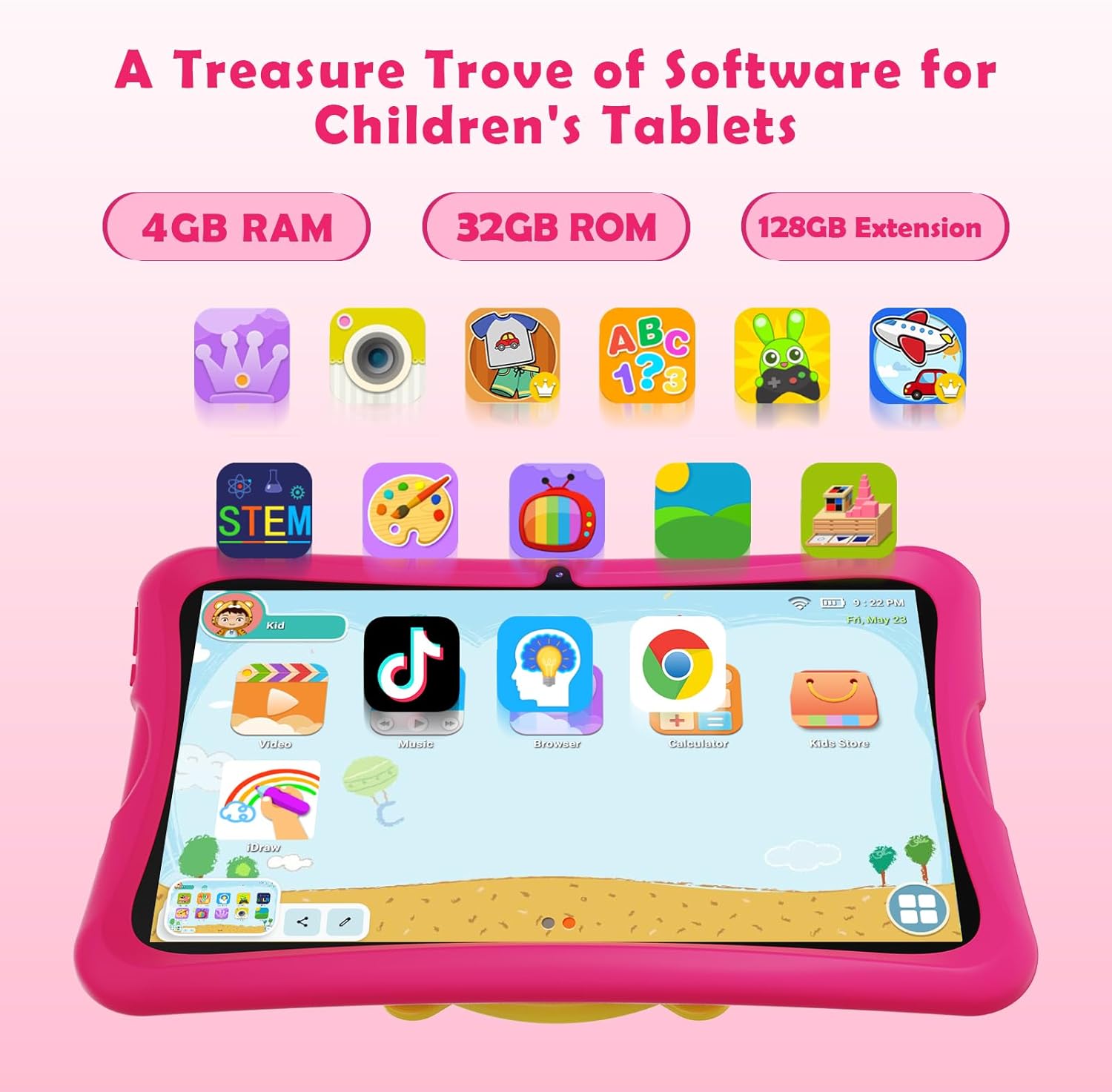 DigiLand Android 15 Kids Tablet,10.1 inch Tablets,6GB RAM+32GB ROM (Expand to TF) Parental Control,Kids Software Pre-Installed,Dual Camera 2MP+5MP,Android Learning Tablet with Proof Case