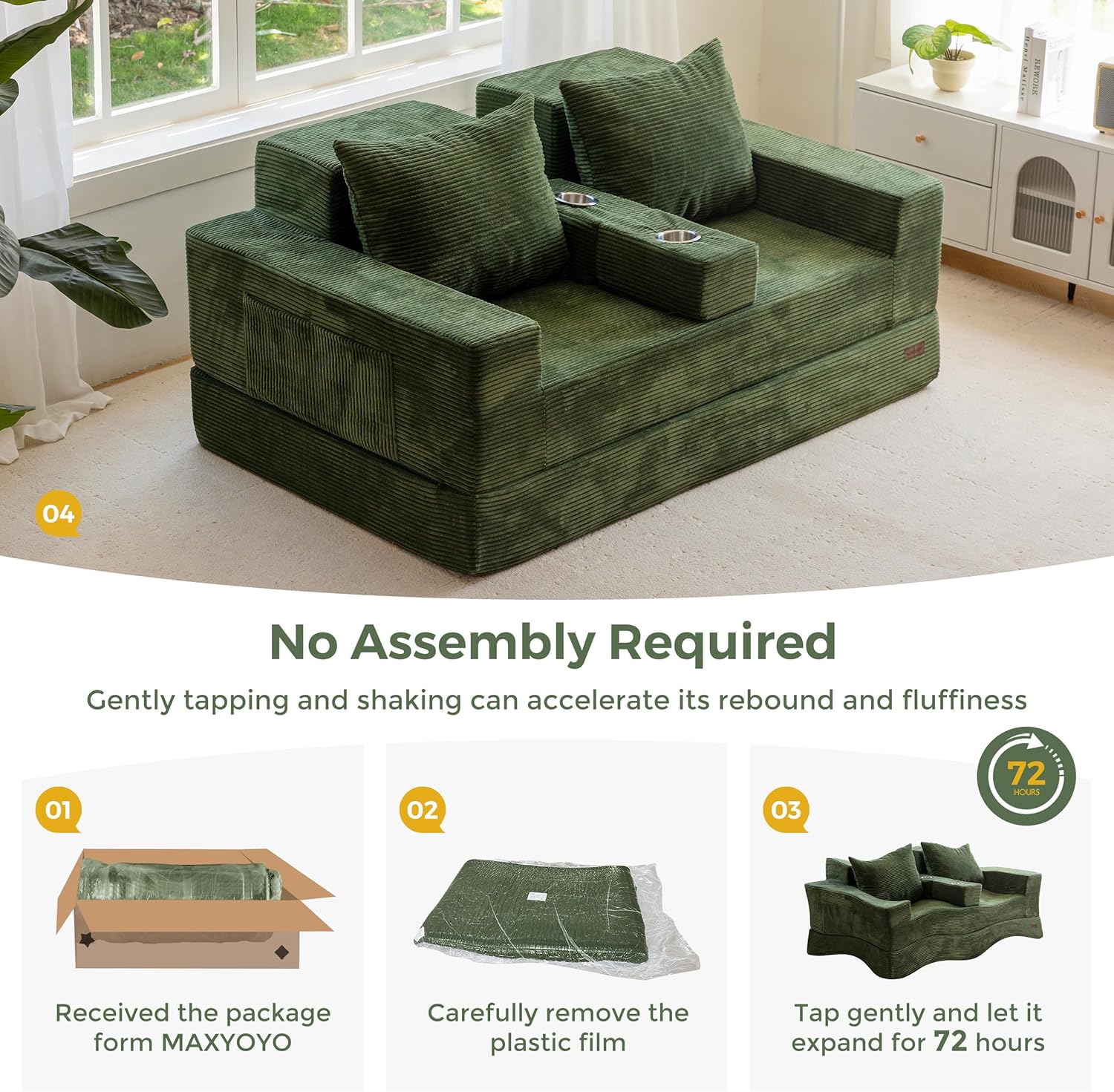 MAXYOYO Loveseat Sofa Bed, 64" Foldable Floor Sofa Couch in A Box with 2 Cup Holders, 4 in 1 Convertible Boneless Couch Folding Recliner Sleeper Chair for Living Room, No Assembly Required, Green