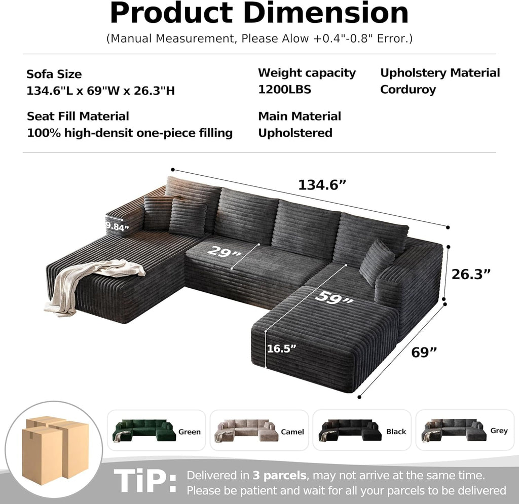 134.6" Modular Sectional Sofa with Deep Seat, Boneless U Shaped Corduroy Couch Modern Comfort, Cloud Couch Oversized for Living Room No Assembly (Gray)