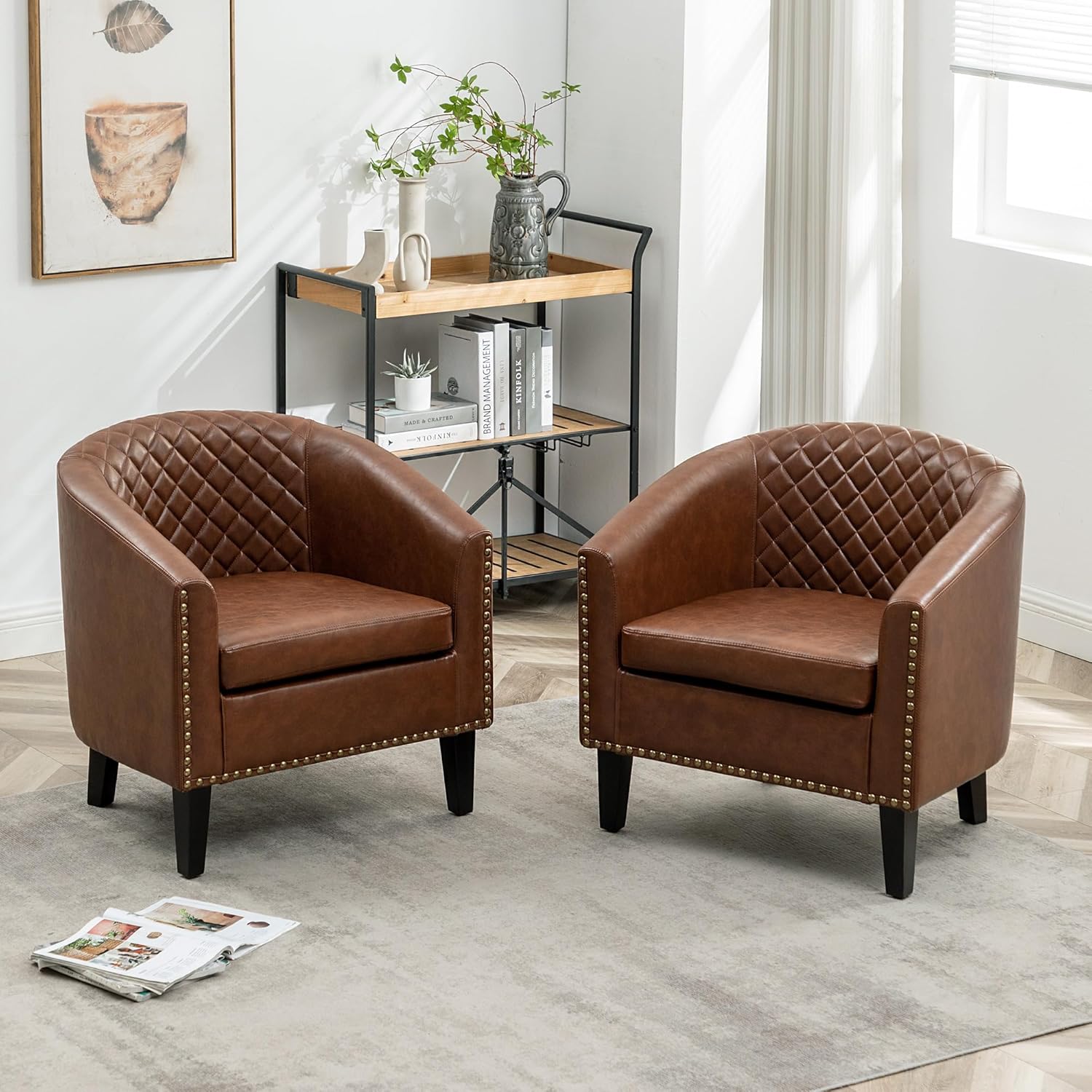 KINWELL 29" W Faux Leather Barrel Chairs Set of 2, Modern PU Upholstered Tufted Club Chairs with Nailhead Trim, Small Armchairs Accent Chairs for Living Room Bedroom Apartment Lounge Nursery, Brown