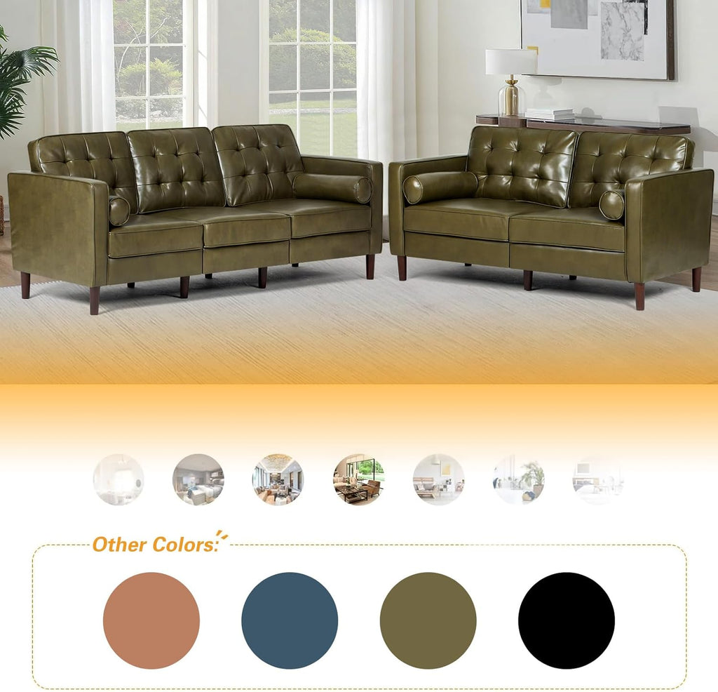 67" Premium Faux Leather 2-Seater Sofa with 2 Bolster Pillows and Tufted Backrest, Mid-Century Modern Loveseat Sofa, Luxury Couch for Living Room, Bedroom, Office, Olive Green