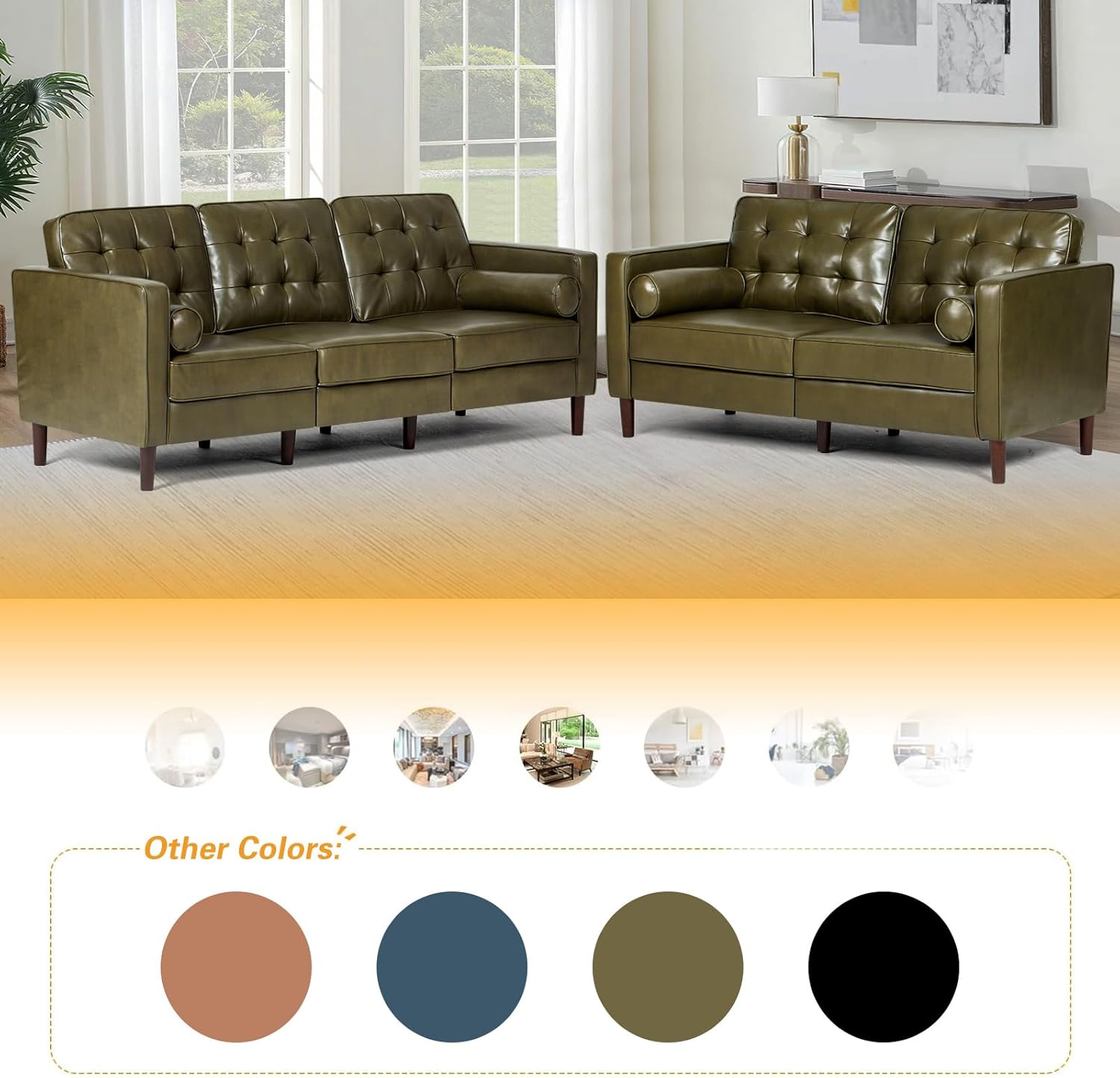 67" Premium Faux Leather 2-Seater Sofa with 2 Bolster Pillows and Tufted Backrest, Mid-Century Modern Loveseat Sofa, Luxury Couch for Living Room, Bedroom, Office, Olive Green
