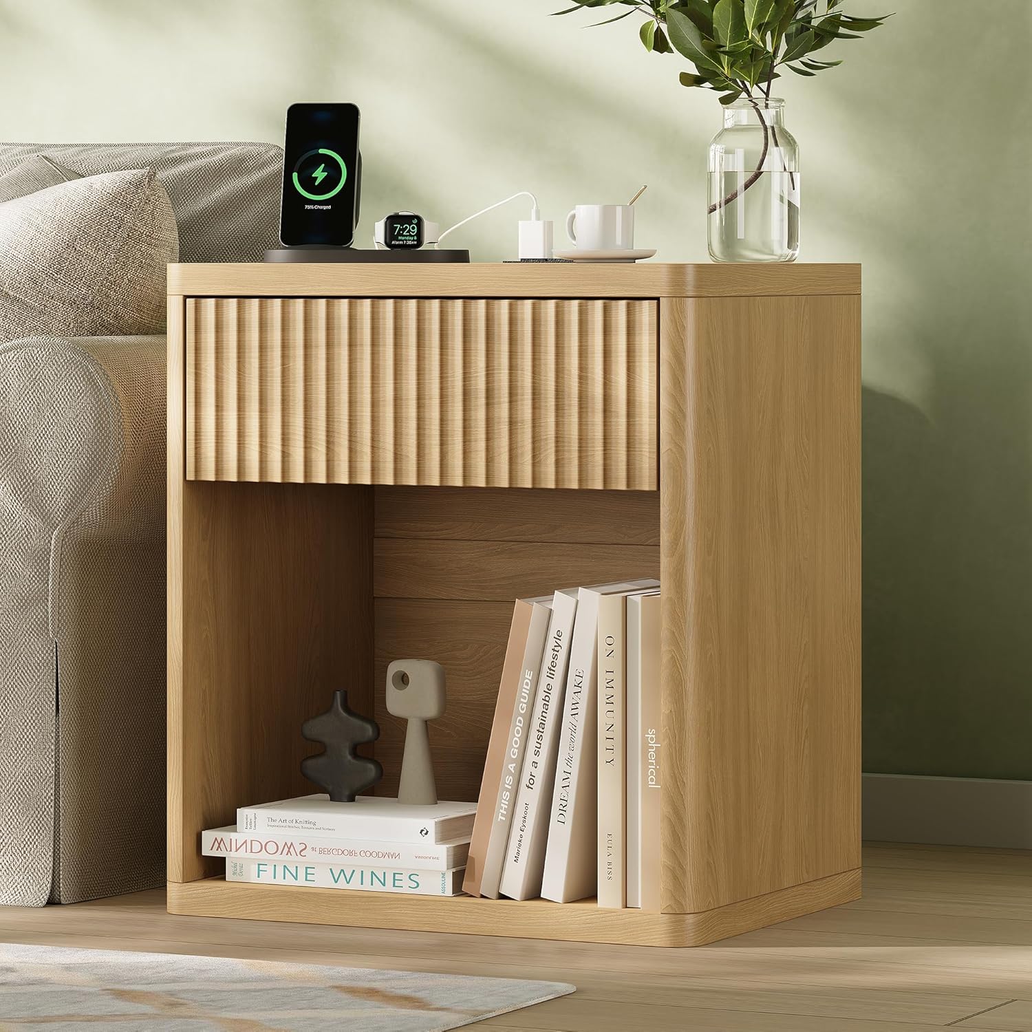 Fluted Nightstand Set of 2 with Charging Station, 21.7" Wide Modern Bedside Table with 1 Drawers Open Storage Cabinet, Wooden End Table for Bedroom, Natural Oak