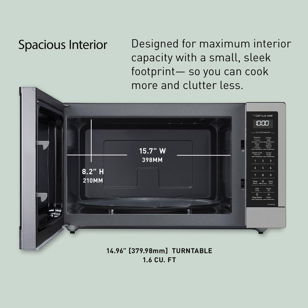Panasonic NN-SN76LS 1.6 cu.ft Cyclonic Inverter Countertop Microwave Oven 1250Watt Power with Genius Sensor Cooking, 19.44"D x 21.88"W x 11.94"H, Stainless Steel