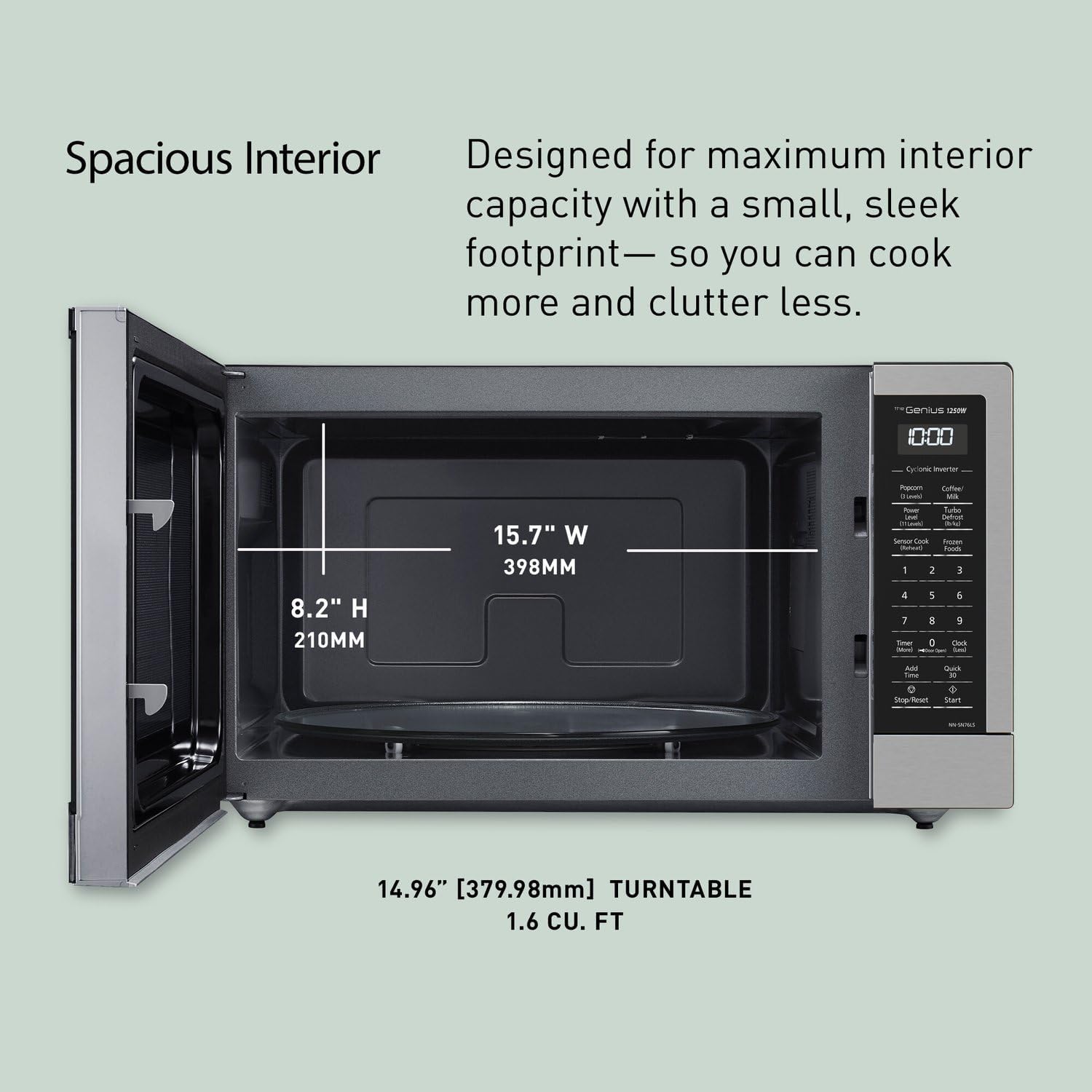 Panasonic NN-SN76LS 1.6 cu.ft Cyclonic Inverter Countertop Microwave Oven 1250Watt Power with Genius Sensor Cooking, 19.44"D x 21.88"W x 11.94"H, Stainless Steel