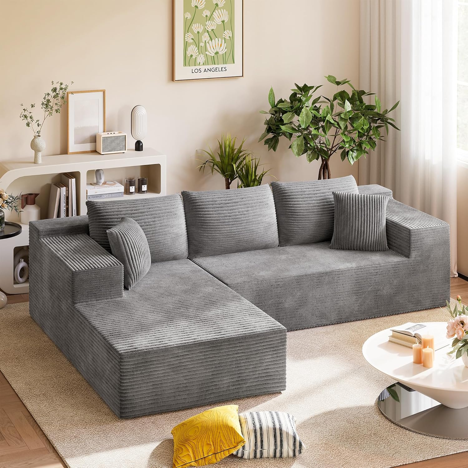 Homall 108" Modular Sectional Sofa, Boneless Couch with L-Shape Chaise, Cloud Couch with Deep Seat Upholstered, No Assembly Required for Living Room, Bedroom (Corduroy, Grey)