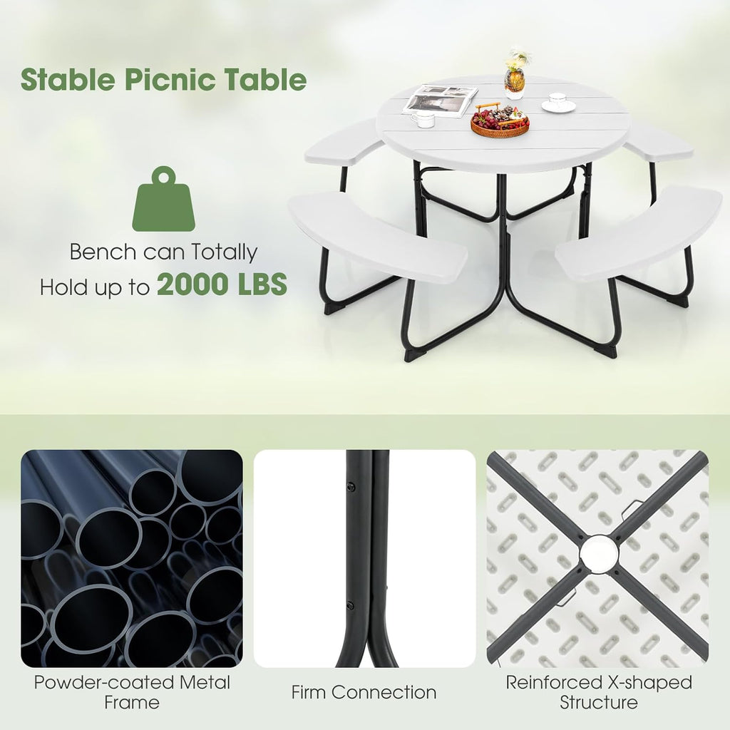 Giantex Picnic Table Set for Up to 8 Persons  Round Outdoor Table and Bench Set with Umbrella Hole  HDPE Top & Metal Frame  2000LBS Capacity  Patio Table Bench for Deck Backyard Garden (White)