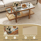 Giantex Rattan Coffee Table, 47.5" Rectangle Solid Wood Tea Table w/Tempered Glass Tabletop, Rattan Storage Shelf, 2-Tier Boho Coffee Tables, Farmhouse Center Table for Living Room (Oak)