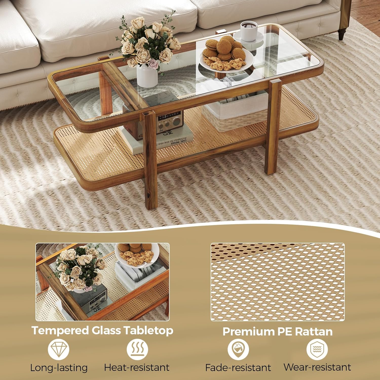 Giantex Rattan Coffee Table, 47.5" Rectangle Solid Wood Tea Table w/Tempered Glass Tabletop, Rattan Storage Shelf, 2-Tier Boho Coffee Tables, Farmhouse Center Table for Living Room (Oak)