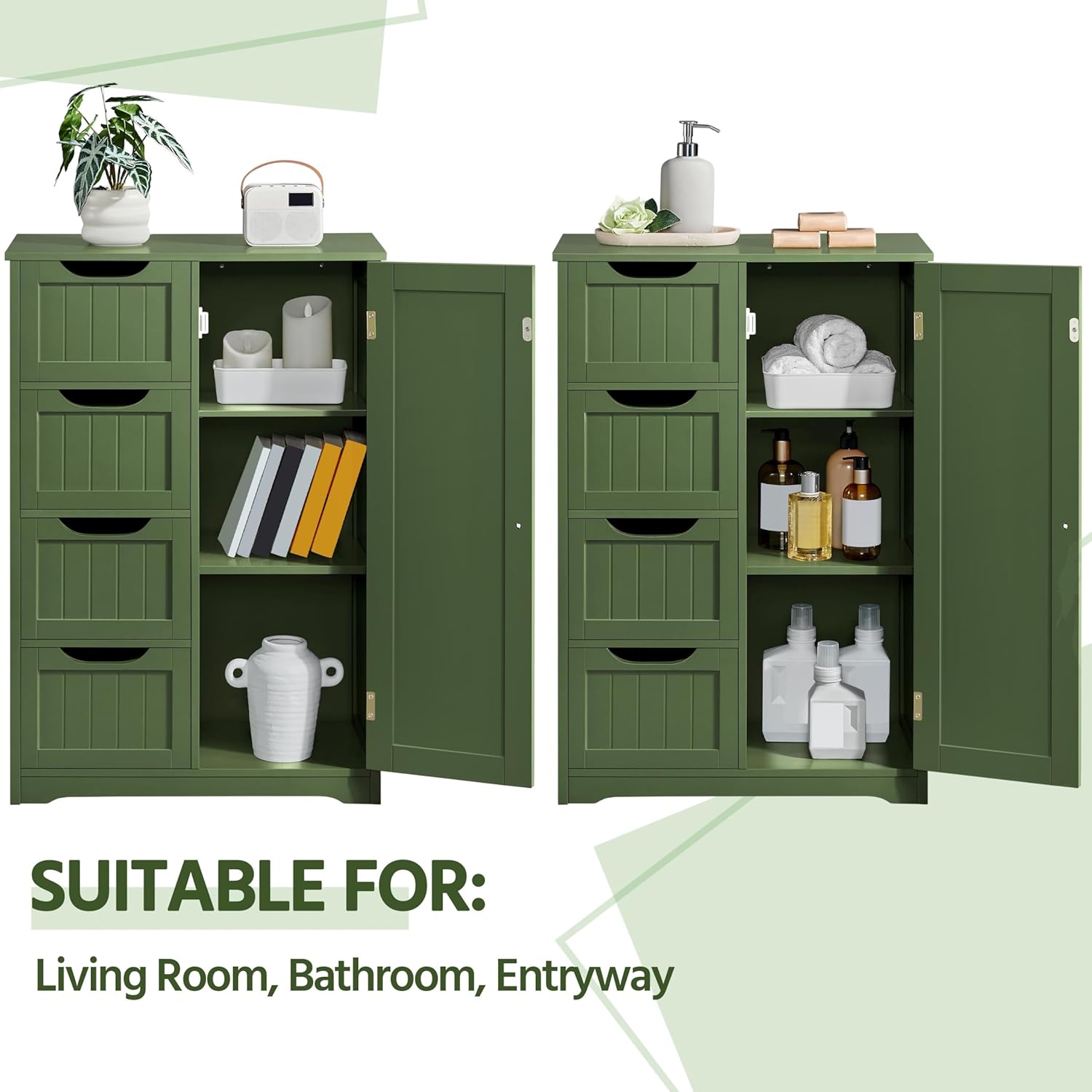Yaheetech Wooden Bathroom Floor Cabinet, Side Storage Organizer Cabinet with 4 Drawers and 1 Cupboard, Freestanding Entryway Storage Unit Console Table, Bathroom Furniture Home Decor, Green