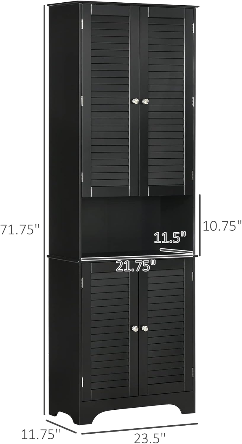 HOMCOM Tall Narrow Bathroom Storage Cabinet with Doors and Shelf Adjustability, Freestanding Linen Cabinet with 2 Cabinets and Countertop, Black