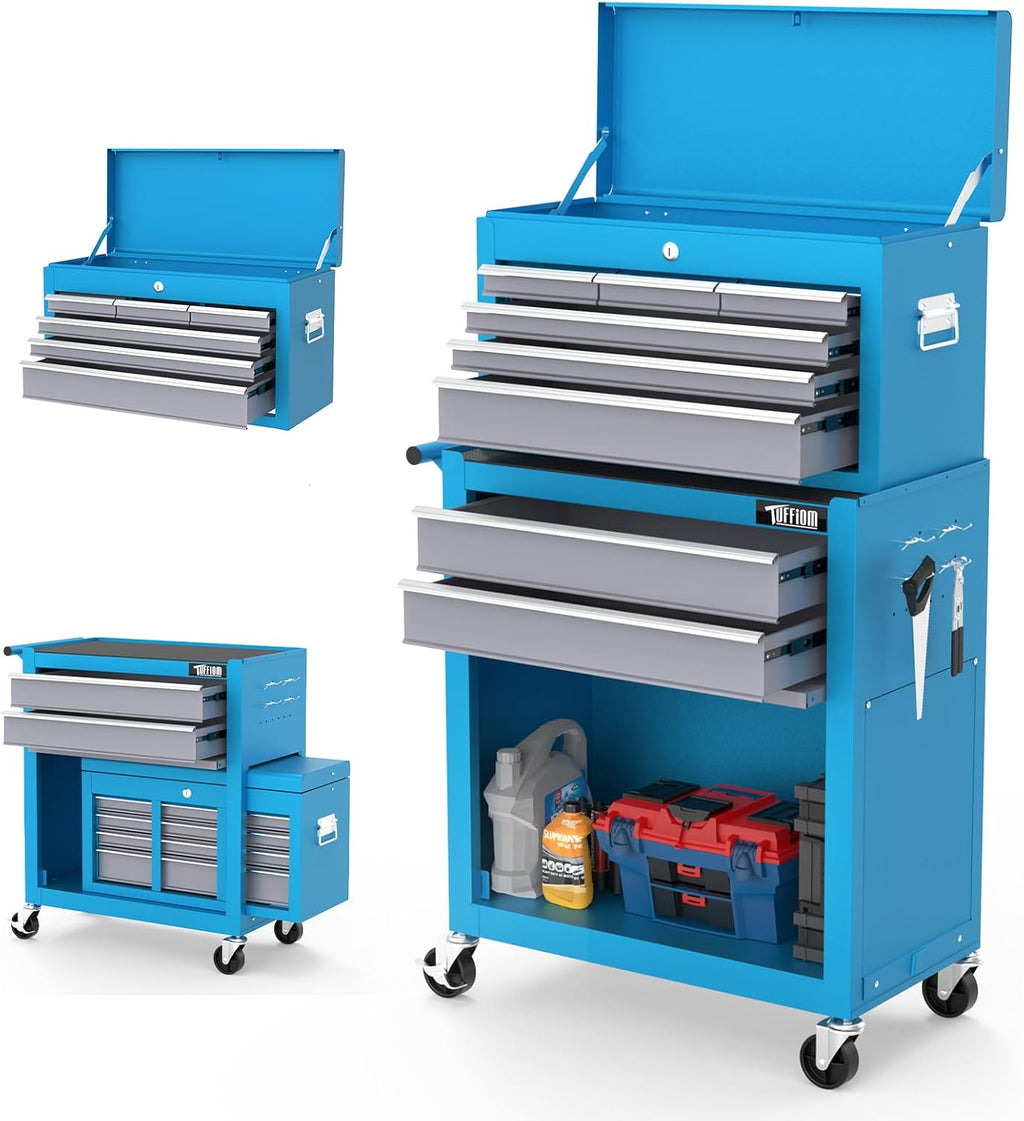 TUFFIOM 8-Drawer Rolling Tool Chest w/Lock, Tool Storage Cabinet w/Wheels, Detachable Top, Drawers & Drawer Liners, Tool Organizer Box for Garage, Warehouse & Repair Shop