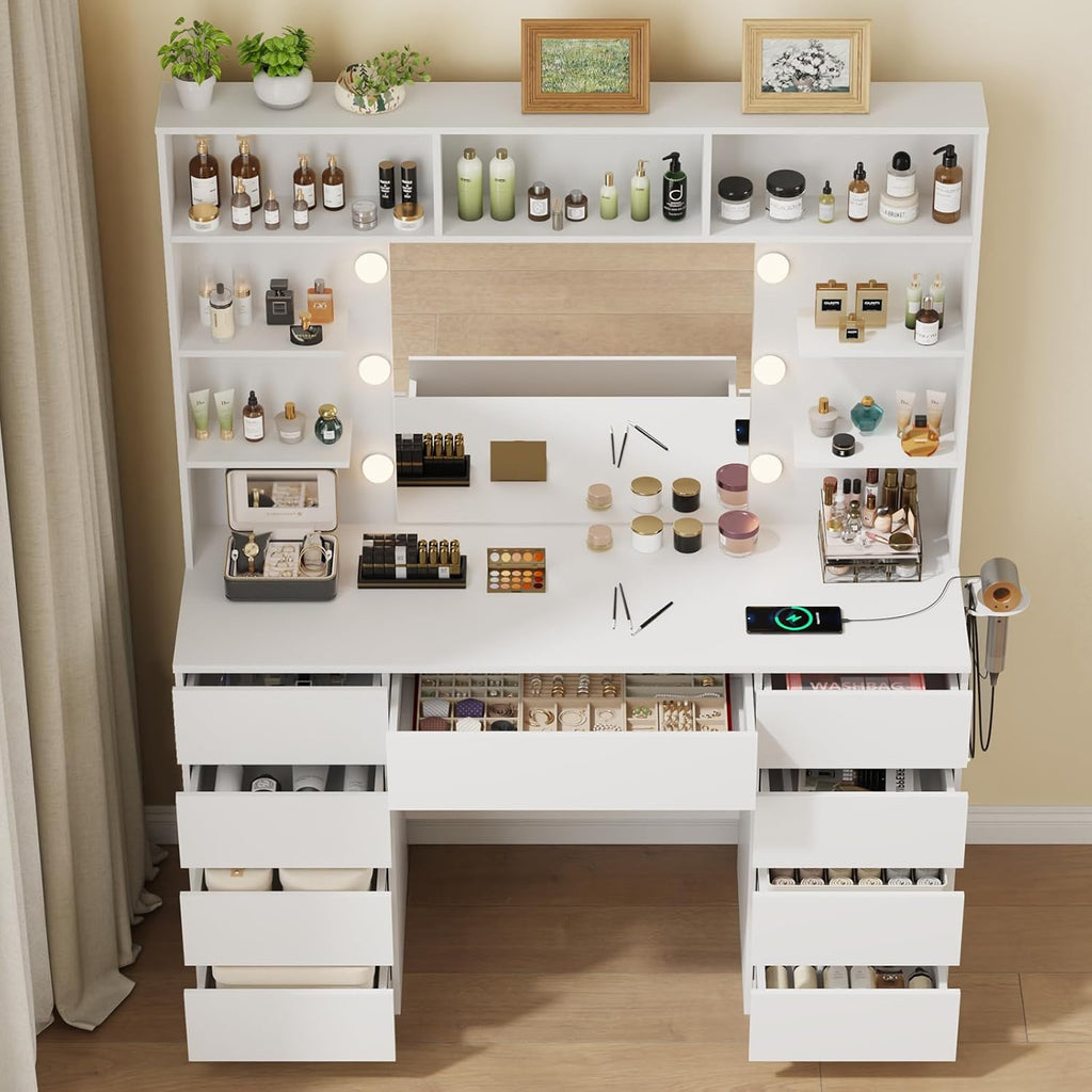 Vanity Desk with Mirror and Lights,43" Makeup Vanity Table with 9 Drawers and 7 Storage Shelves, Power Outlet & Adjustable LED Lights, Dressing Table for Bedroom .White