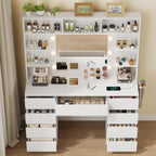 Vanity Desk with Mirror and Lights,43" Makeup Vanity Table with 9 Drawers and 7 Storage Shelves, Power Outlet & Adjustable LED Lights, Dressing Table for Bedroom .White