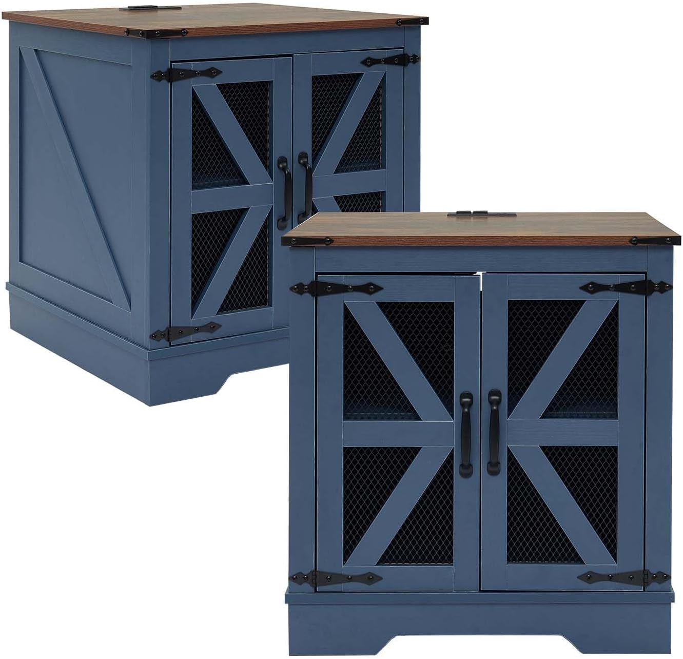 24" Farmhouse End Table Set of 2 with Charging Station and Mesh Barn Door, Rustic Wood Nightstand with Storage Shelf for Living Room & Bedroom, Navy Blue