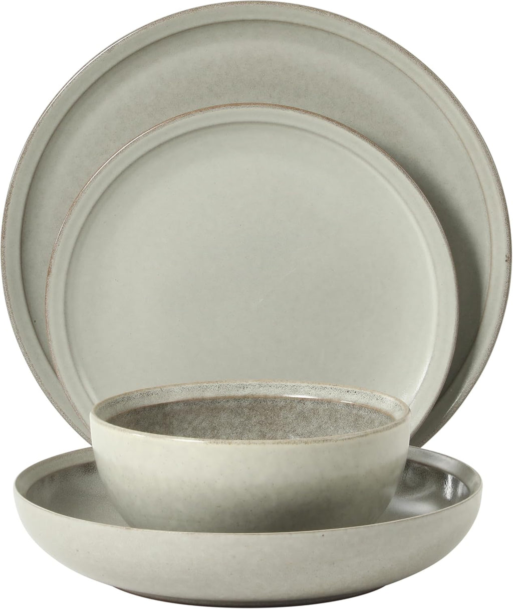 Gibson Elite Beckett Stoneware Matte Reactive Glaze 16 Piece (Service for 4) Plates and Bowls Dinnerware Set - Ash White