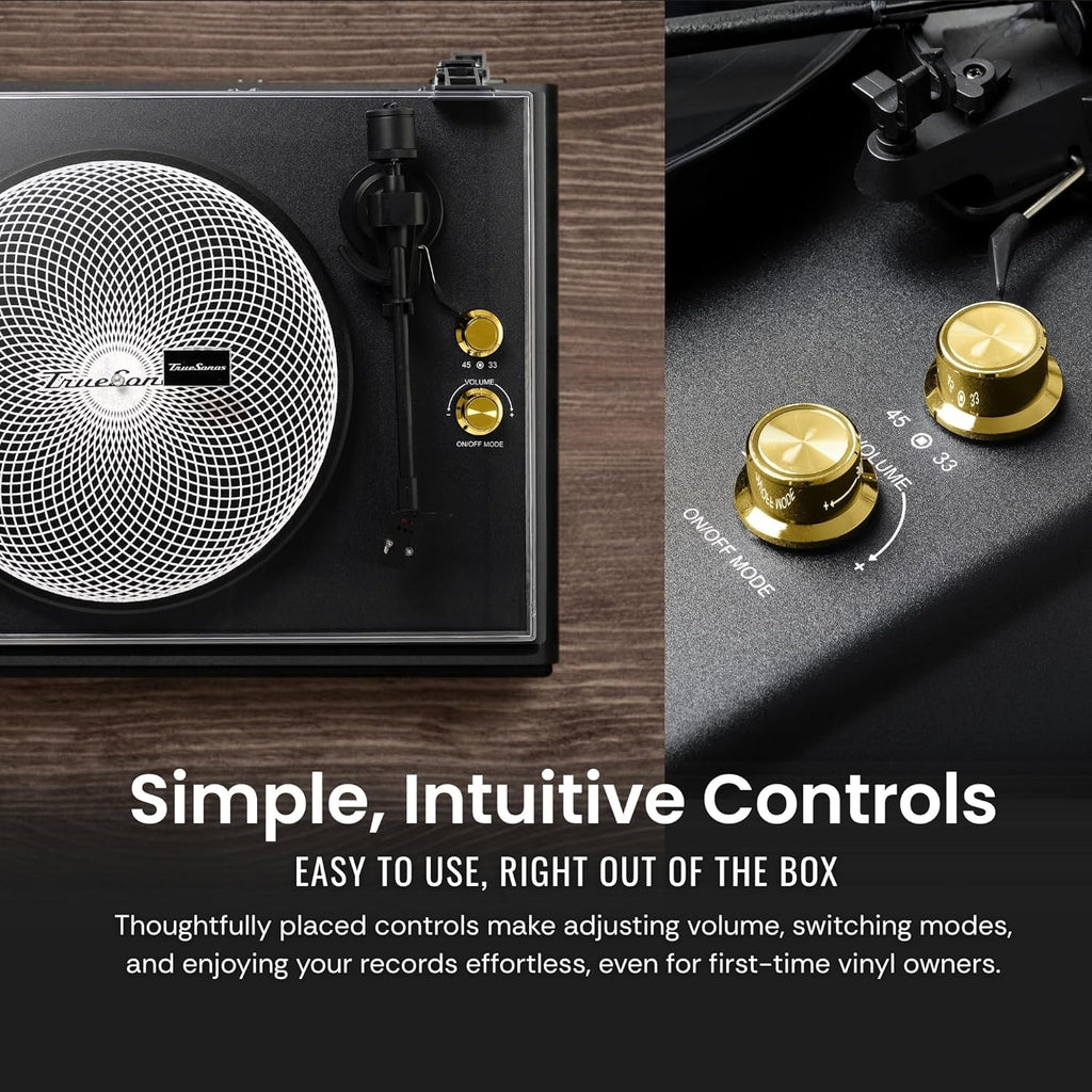 Hi-Fi Record Player with Speakers | Premium Vinyl Turntable with Bluetooth Capability | Built-in 4-Speaker Stereo System for Music Fans  Black Veneer + Gold Trim