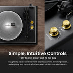 Hi-Fi Record Player with Speakers | Premium Vinyl Turntable with Bluetooth Capability | Built-in 4-Speaker Stereo System for Music Fans  Black Veneer + Gold Trim