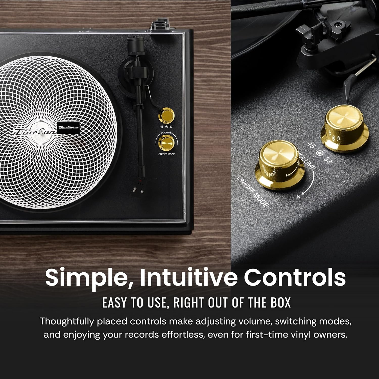 Hi-Fi Record Player with Speakers | Premium Vinyl Turntable with Bluetooth Capability | Built-in 4-Speaker Stereo System for Music Fans  Black Veneer + Gold Trim