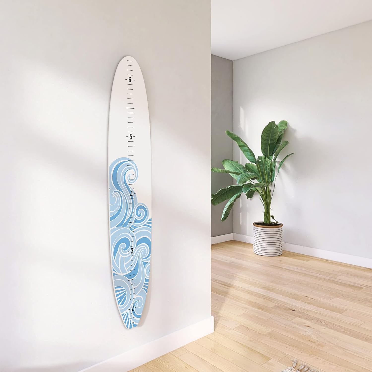 Headwaters Studio Surf Board Growth Chart - Wooden Surfboard Decor Small Surfboard Baby Growth Chart for Wall Grow Chart Baby Wall Growth Chart Baby Measuring Board - White w/Blue Wave - 57"x10"x1/4"