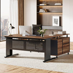 Tribesigns 63-Inch L-Shaped Executive Desk with Storage Shelves, Large Office Computer Desk with Drawers and File Cabinet, Industrial Business Workstation for Home Office, Brown and Black