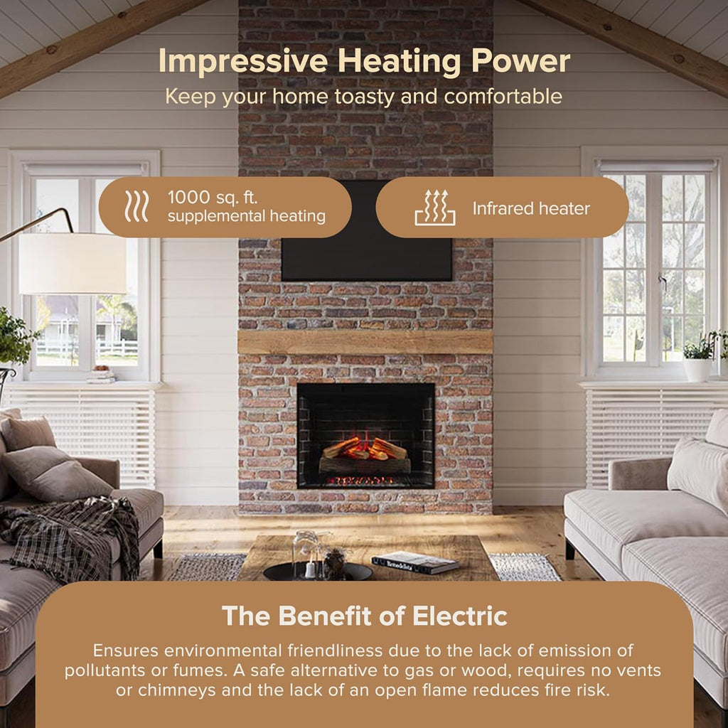 Modern Ember Uptown 33" Smart Electric Fireplace Insert with Remote Control, Compatible with Alexa - 1,000 Sq Ft Electric Heater with Realistic Flames and Log Set