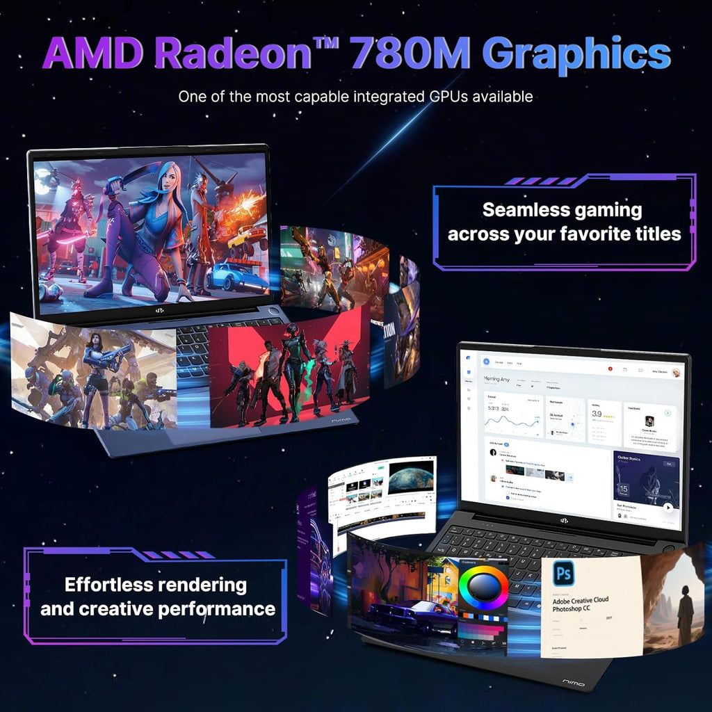 NIMO 17.3 Gaming-Laptop Ryzen 9 8945HS (Beat i9-13900H  Up to 5.2GHz) 16GB RAM  512GB SSD  Radeon 780M  PD 100W Type-C AI-Enhanced for Copilot VR Ready  Backlit Keyboard  Fingerprint