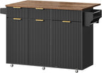 Mobile Kitchen Island with Folding Drop Leaf Countertop, Rolling Kitchen Island Cart with Trash Can Storage, Drawers, Adjustable Shelf, Spice Rack, for Dining Room, Black and Walnut MZD08BL