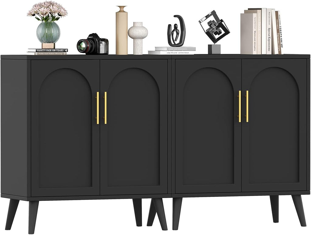 Rovaurx Set of 2 Storage Cabinet with 4 Doors, Modern Accent Bathroom Floor Cabinet, Buffet Cabinet Sideboard with Adjustable Shelves for Living Room, Entryway, Dining Room and Kitchen, Black