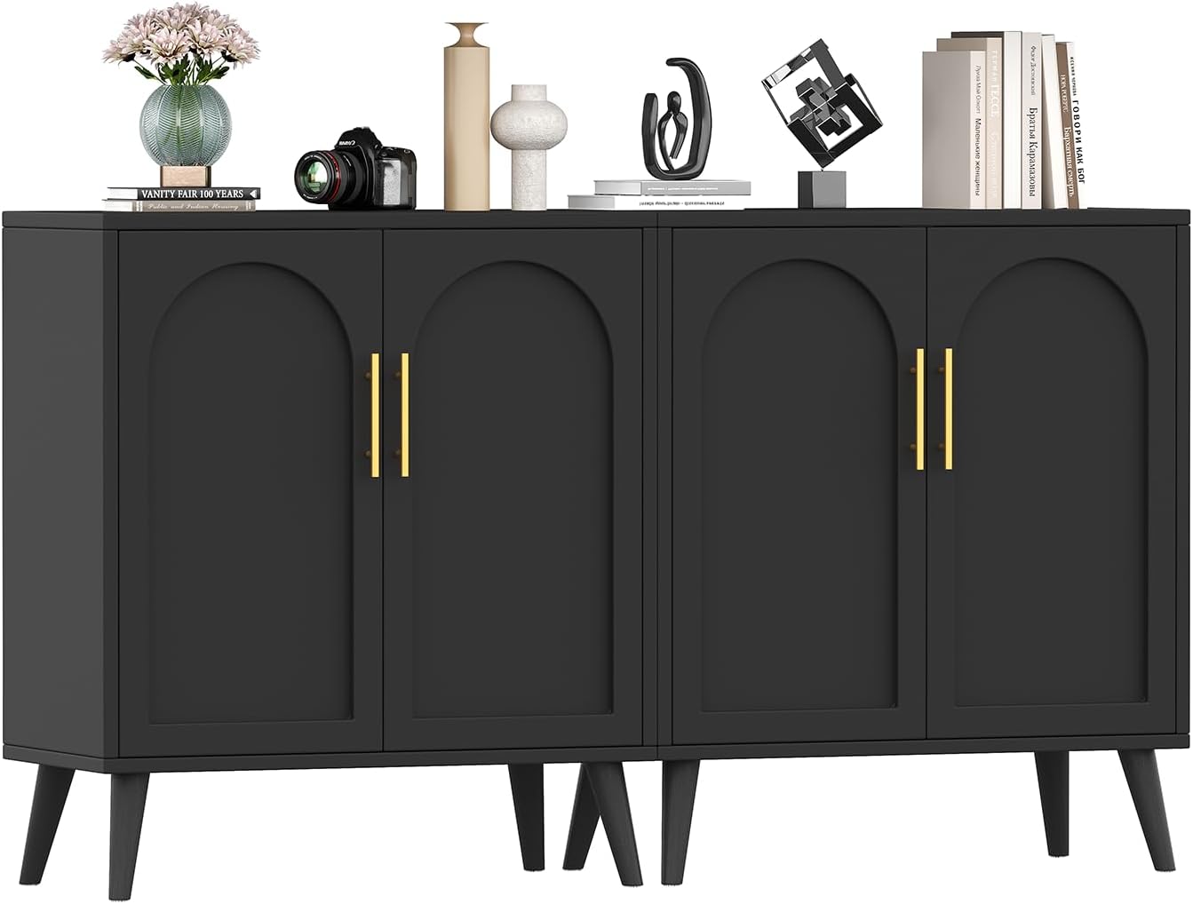 Rovaurx Set of 2 Storage Cabinet with 4 Doors, Modern Accent Bathroom Floor Cabinet, Buffet Cabinet Sideboard with Adjustable Shelves for Living Room, Entryway, Dining Room and Kitchen, Black