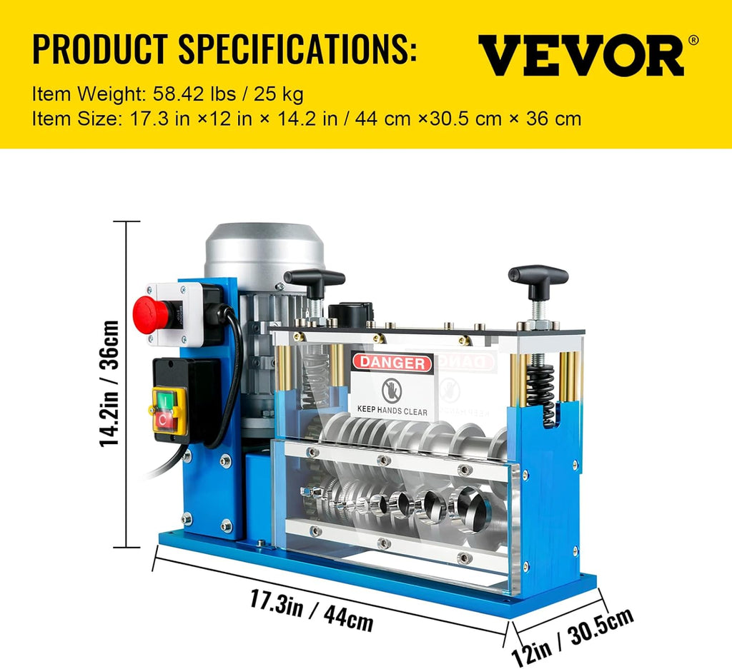 VEVOR Electric Wire Stripping Machine, 370W 0.06" - 1.5" Automatic Motorized Cable Stripper w/ 75 Feet/Minute Speed, 11 Channels 10 Blades Strip Machinery, Scrap Handling Tool for Recycling Copper