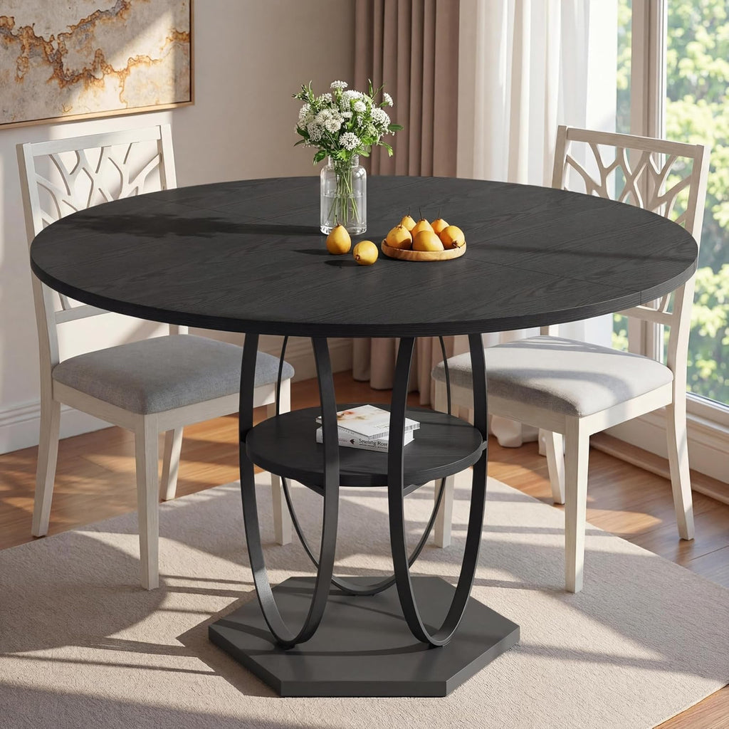 47.2" Black Round Dining Table for 4-6, Circle Kitchen Table with Open Storage Shelf, Modern Wooden Dinner Table with Metal Pedestal Base, Dining Room Tables for Kitchen Small Space