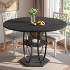 47.2" Black Round Dining Table for 4-6, Circle Kitchen Table with Open Storage Shelf, Modern Wooden Dinner Table with Metal Pedestal Base, Dining Room Tables for Kitchen Small Space