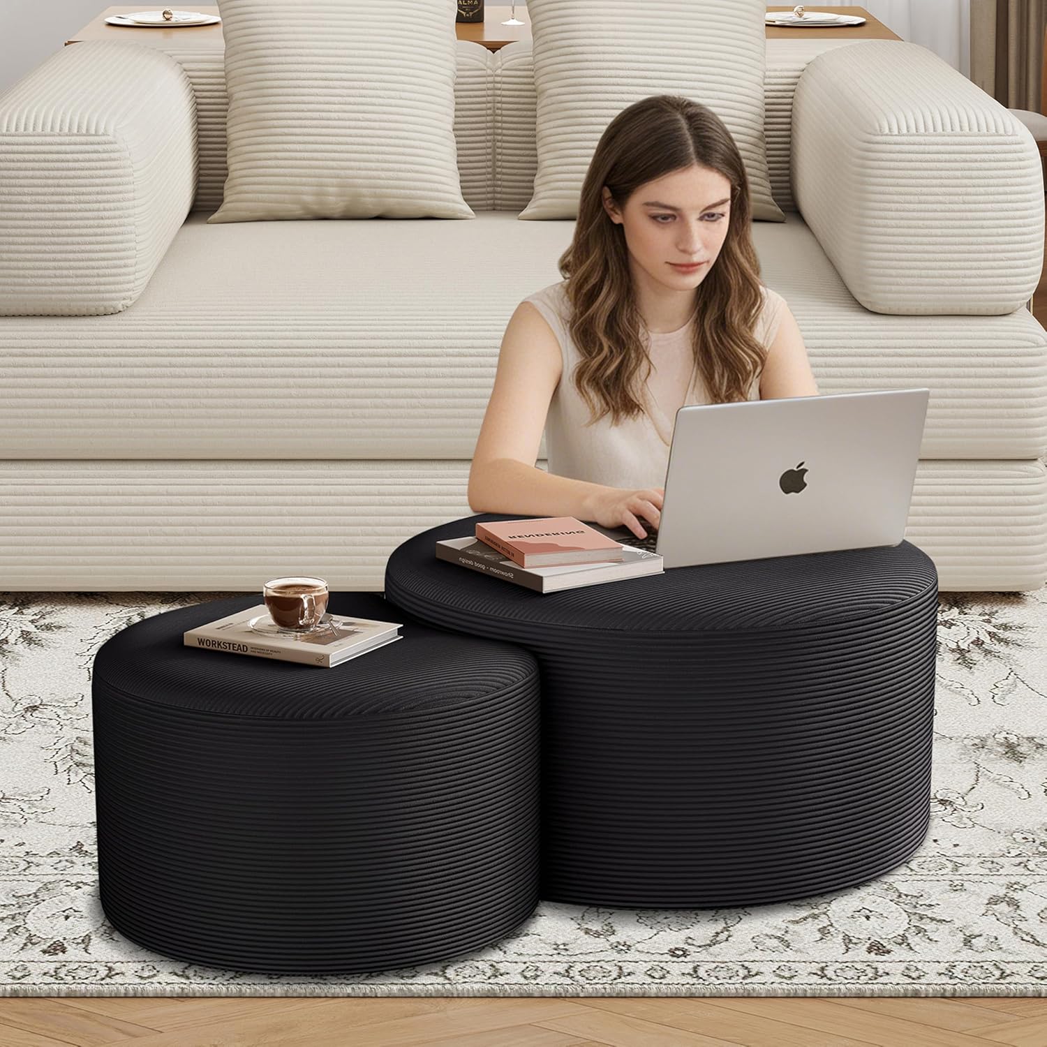 BSHOMGI Nesting Coffee Table Set of 2, Upholstered Round Corduroy Circle Foam Round Side Table for Living Room, Entryway Set, 32"+17" Footrest No Assembly (Black, 32"+17")