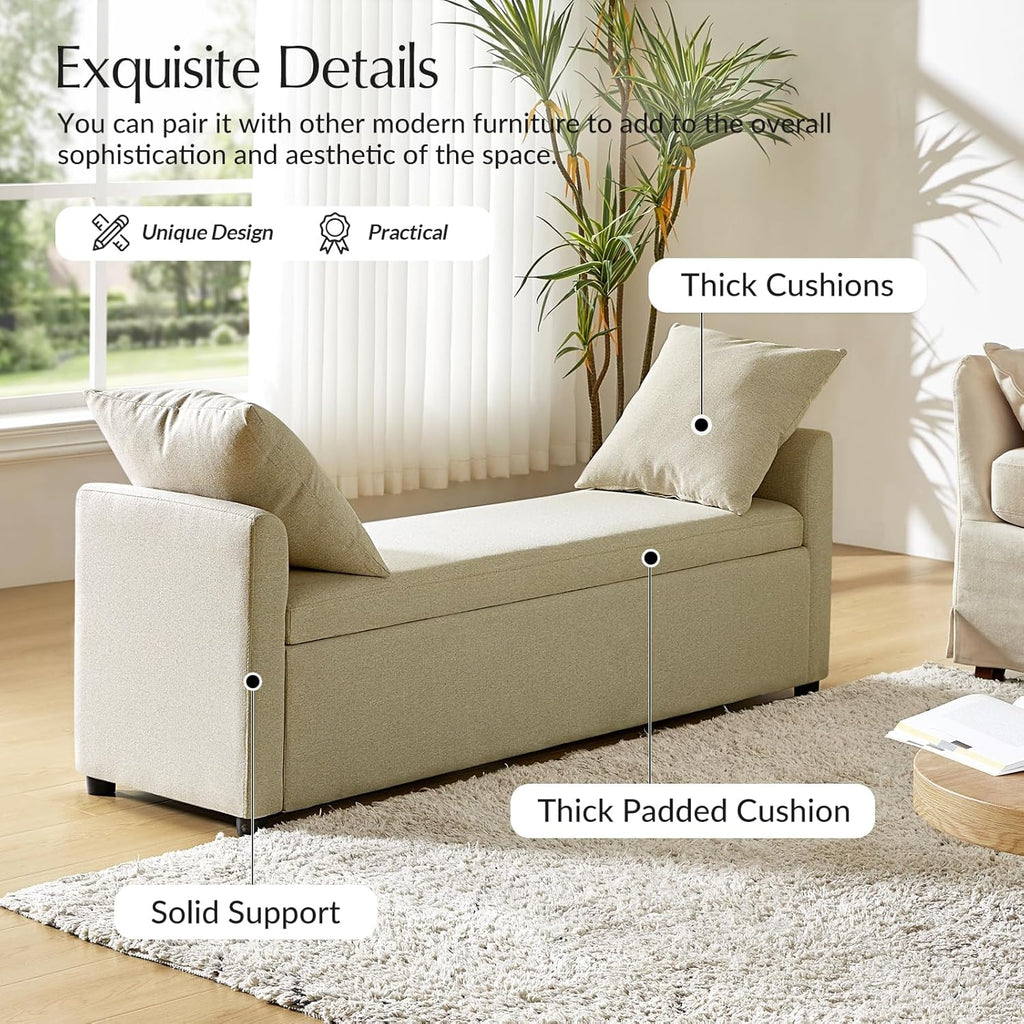 59.5" Modern Storage Ottoman Bedroom Bench, End of Bed Bench with Arms and Throw Pillows, Footrest Stool for Living, Dining Room, Entryway and Hallway, Beige