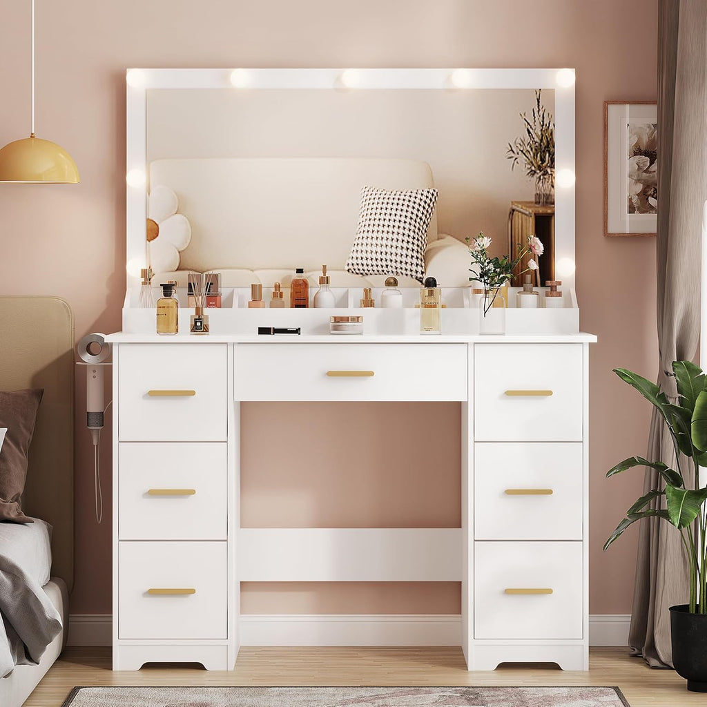 44" Vanity Desk with Mirror and Lights, Glass Top Makeup Vanity with RGB Ambient Lights & 7 Drawers, Large Dressing Table with Power Outlet for Bedroom, White