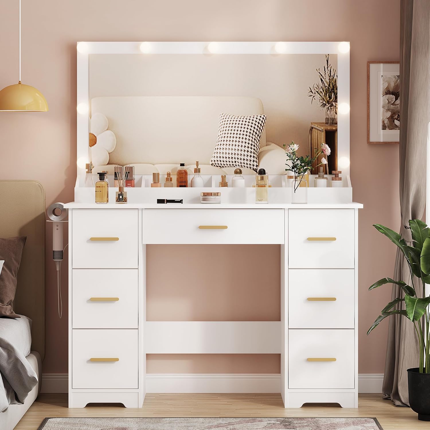 44" Vanity Desk with Mirror and Lights, Glass Top Makeup Vanity with RGB Ambient Lights & 7 Drawers, Large Dressing Table with Power Outlet for Bedroom, White