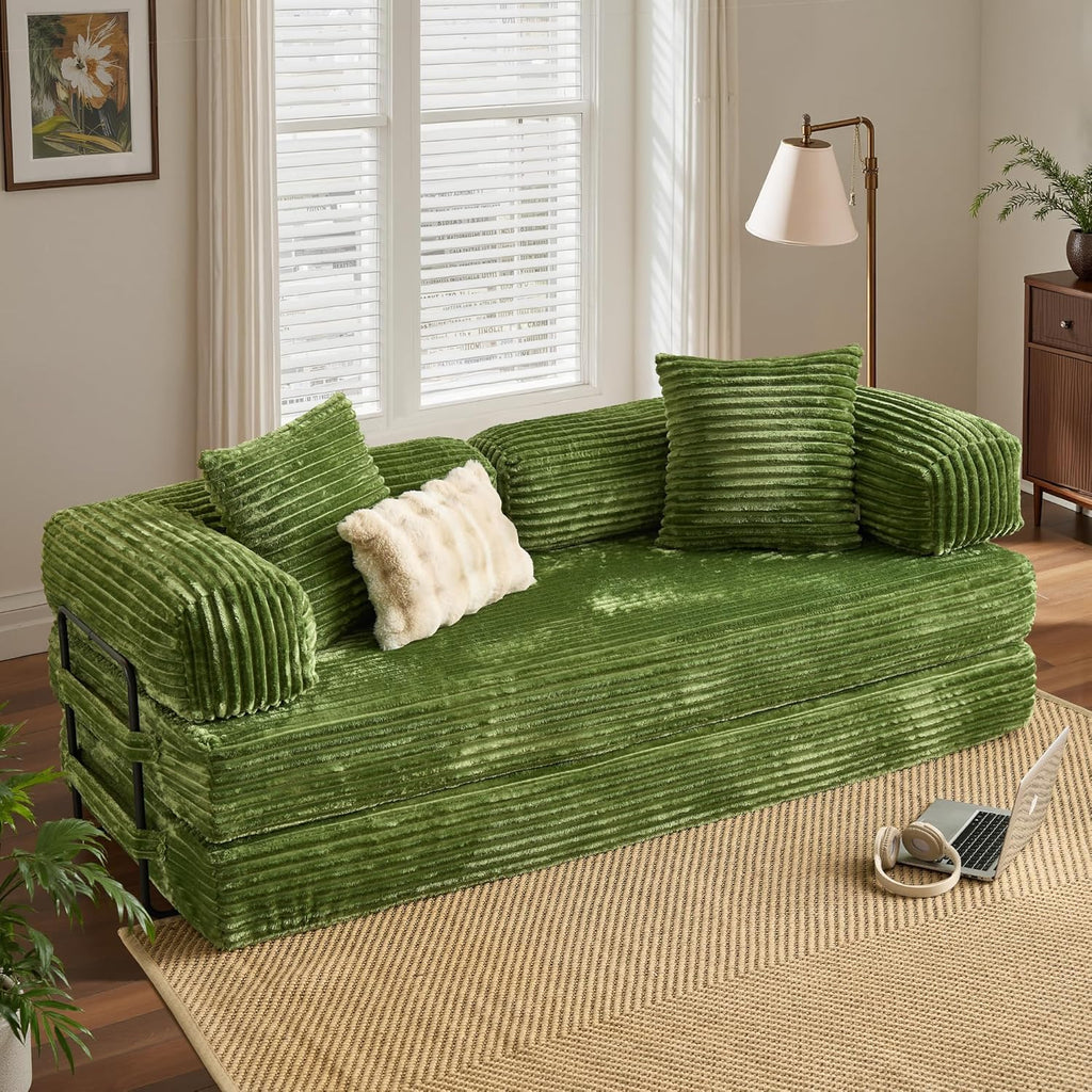 ovios 81" Folding Sofa Bed, Foldable Sleeper Boneless Couch with Pull Out Beds, Modular Convertible Floor Futon Loveseat Lounger for Living Room (Faux Fur, Green)