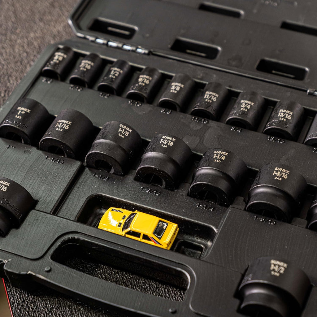 SUNEX TOOLS 2640, 1/2 Inch Drive Impact Socket Set, 19-Piece, SAE, 3/8 Inch – 1-1/2 Inch, Cr-Mo Alloy Steel, Radius Corner Design, Dual Size Markings, Heavy Duty Storage Case, Meets ANSI Standards