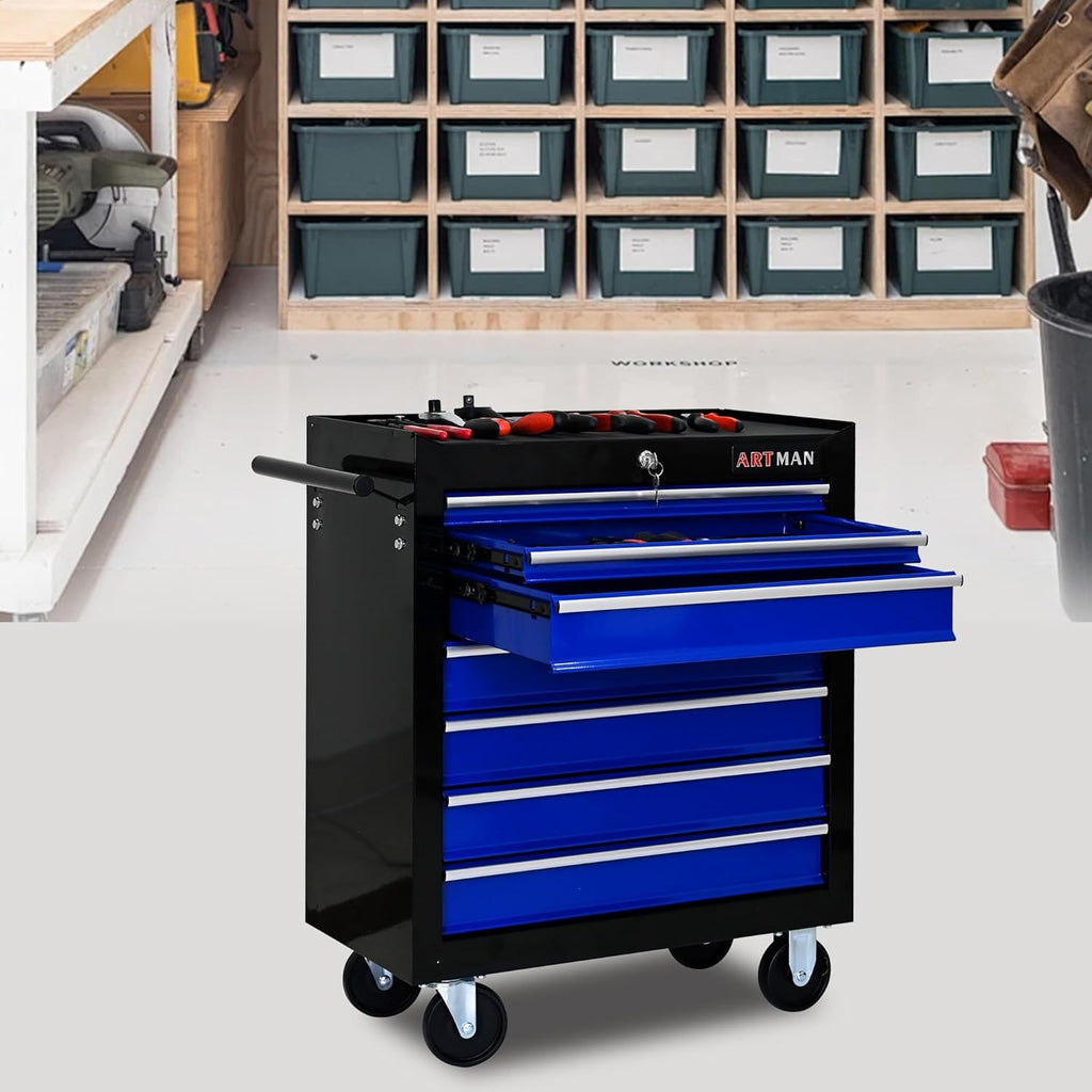 7 Drawers Rolling Tool Cart on Wheels, Multifunctional Organizer Tool Chest Tool Case , Trolley Tool Storage Tool Box for Workshop,Garage,Repair Shop (7 Drawers 24.2"W×12.9"D×29.9"H-Black&Blue)