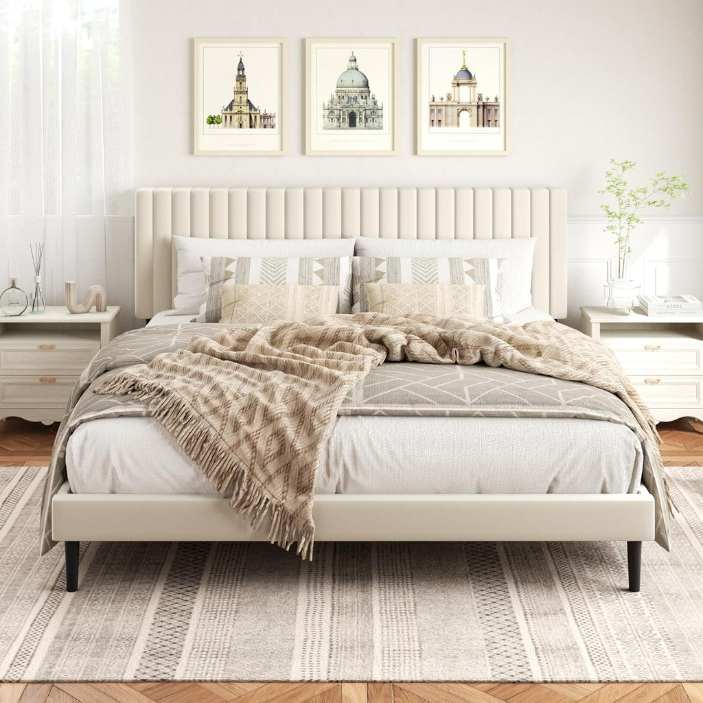 King Size Bed Frame,King Size Platform Bed Frame and Velvet Upholstered Headboard with Strong Wood Slats, Box Spring Optional, Mattress Foundation, Easy Assembly Beige