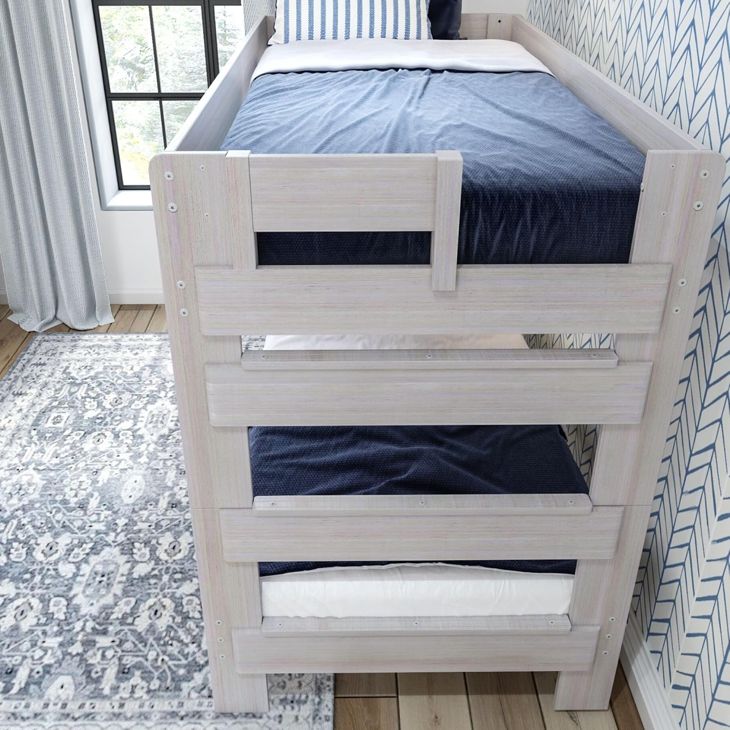 Plank+Beam Rustic Wood Bunk Bed, Solid Wood Twin-Over-Twin Bed Frame, Heavy-Duty Bunk Bed for Adults, No Box Spring Needed, White Wash