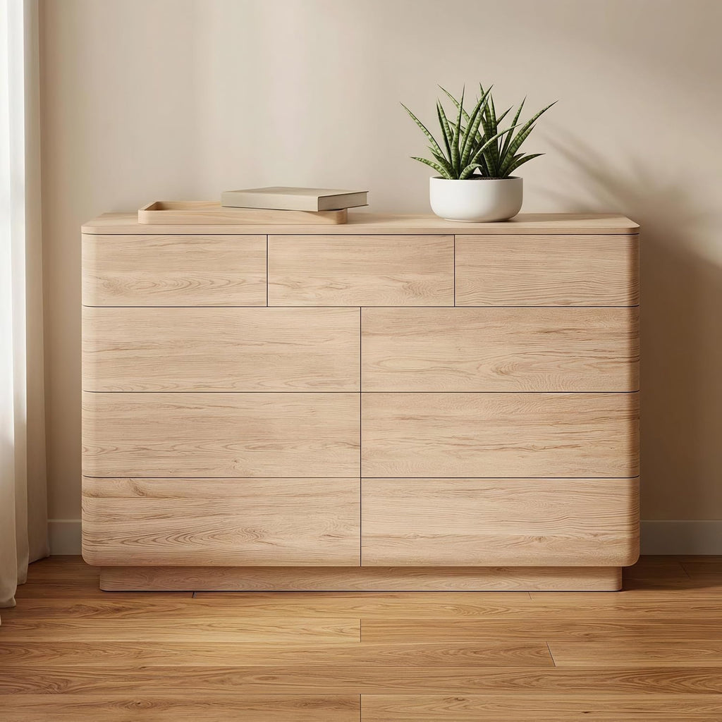 JXQTLINGMU 9 Drawer Dresser for Bedroom, 52" Wide Modern Wood Dressers with Push-to-Open Drawers for Closet Storage, Chest of Drawers TV Stand for Living Room & Hallway, Curved Profile, Natural
