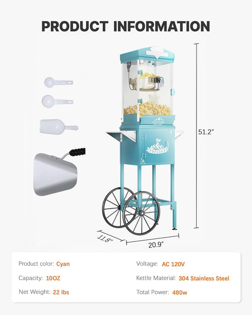 10 oz Popcorn Machine Cart, Popcorn Maker Machine with Wheel & Stainless-Steel Kettle Makes Up to 40 Cups, Vintage Movie Theater Style Pop Corn Machine, Cyan