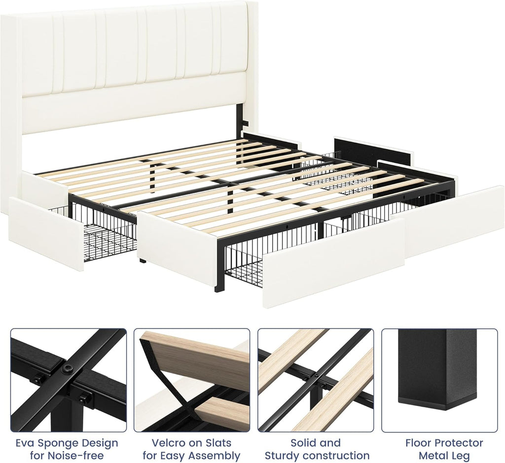 King Size Bed Frame with 4 Storage Drawers Linen Upholstered Platform Bed with Wingback Headboard, No Box Spring Needed, Easy Assembly, White